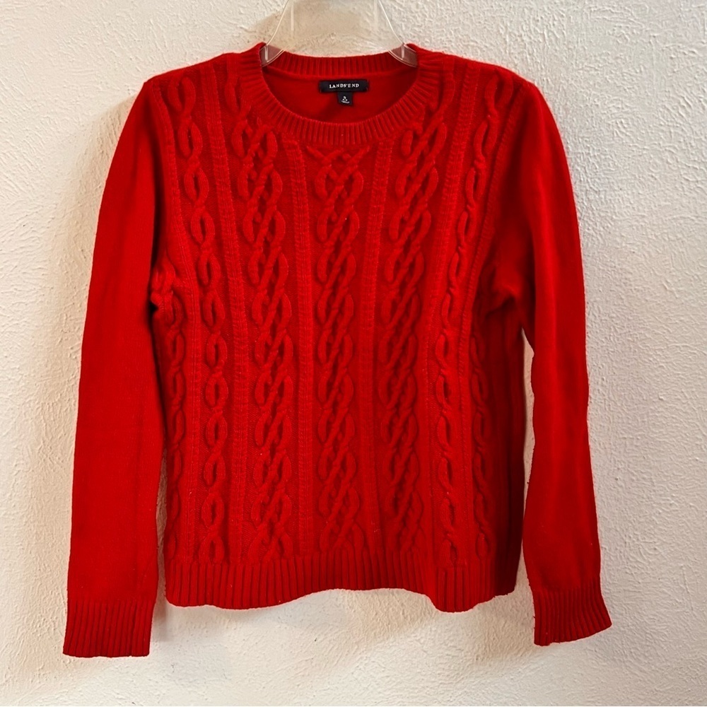 Lands End red cable knit crew pullover sweater